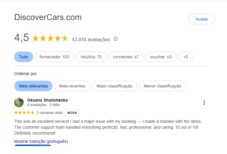 Review da Discover Cars no Google Reviews | print da tela com review e nota da Disocver Cars no Google