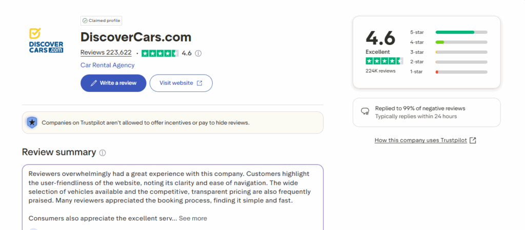 Discover Cars no Trustpilot | Print da nota do Discover Cars no Truspilot